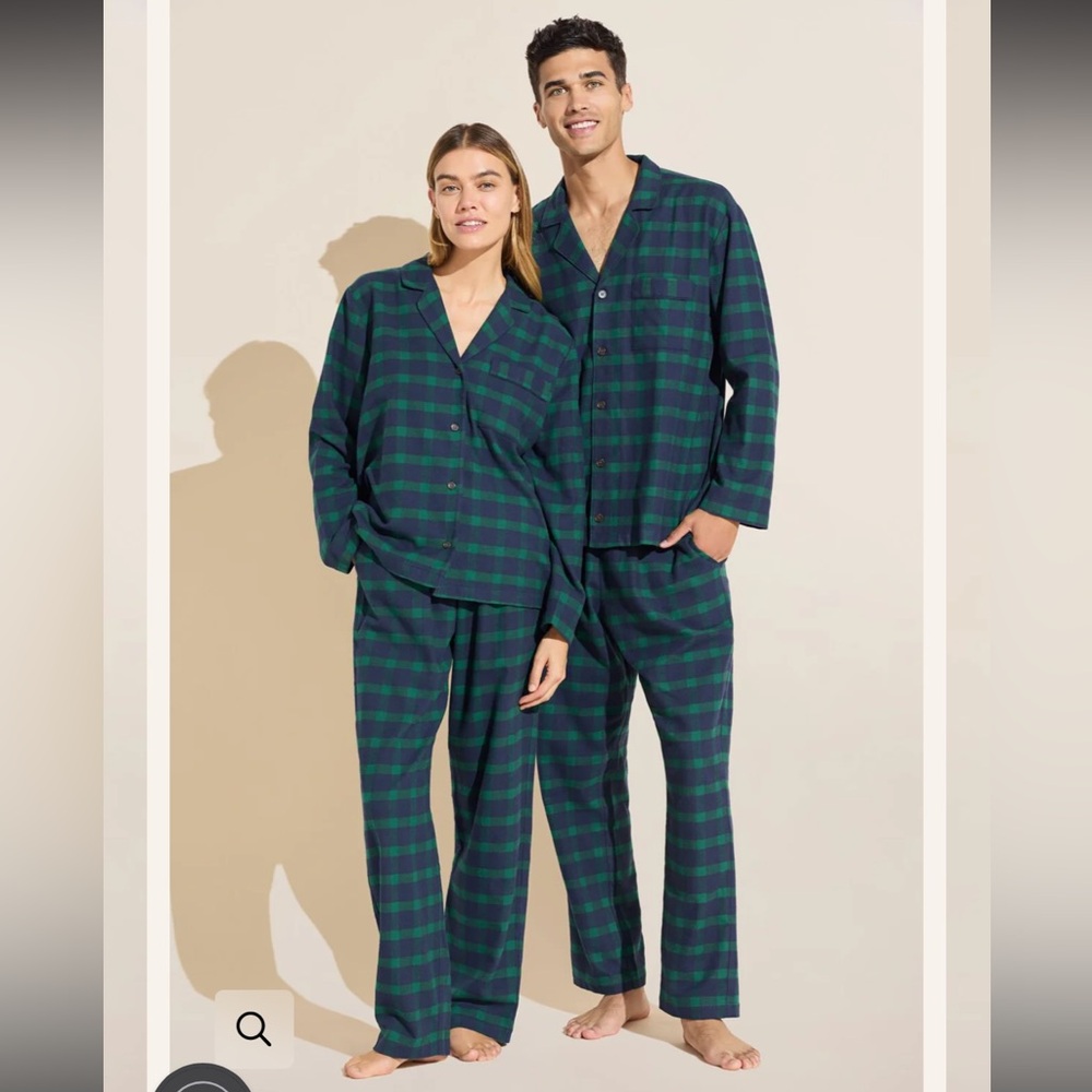 Eberjey Mens Flannel Long PJ Set Windowpane Plaid True Navy Sz.L